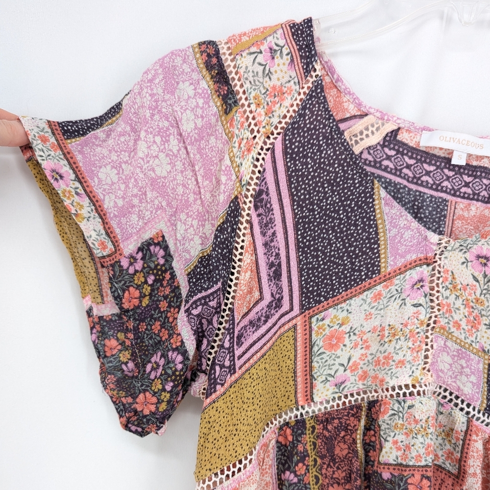 Olivaceous Patchwork Cottagecore Crop V-Neck Flou… - image 4